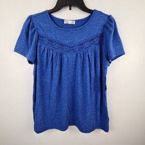 89th + Madison Womens Blue Crochet Lace Yoke Puff Sleeve Babydoll Top Small NWT